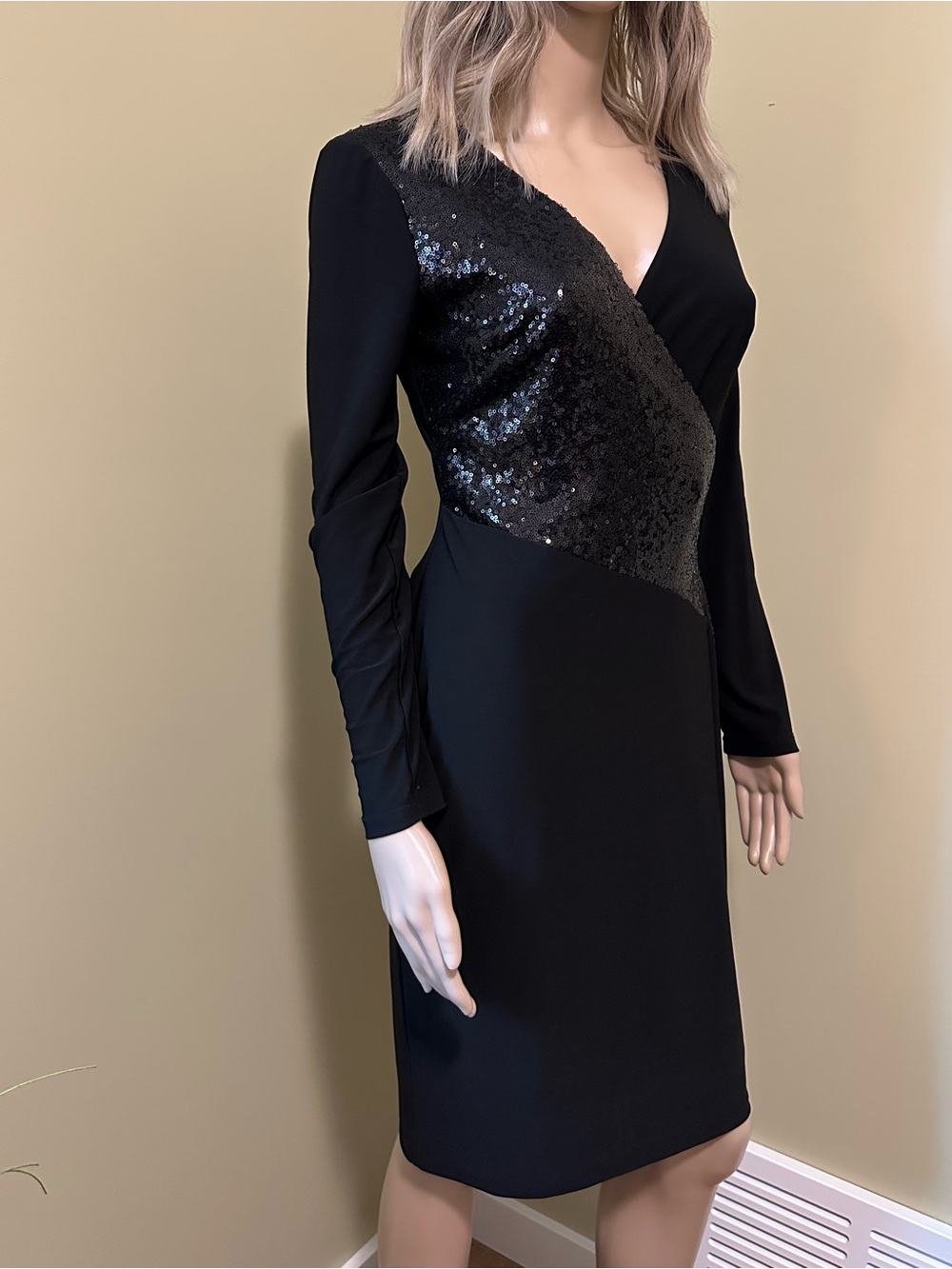 Ralph Lauren Black Sequin Wrap-Front Long Sleeve Jersey Dress